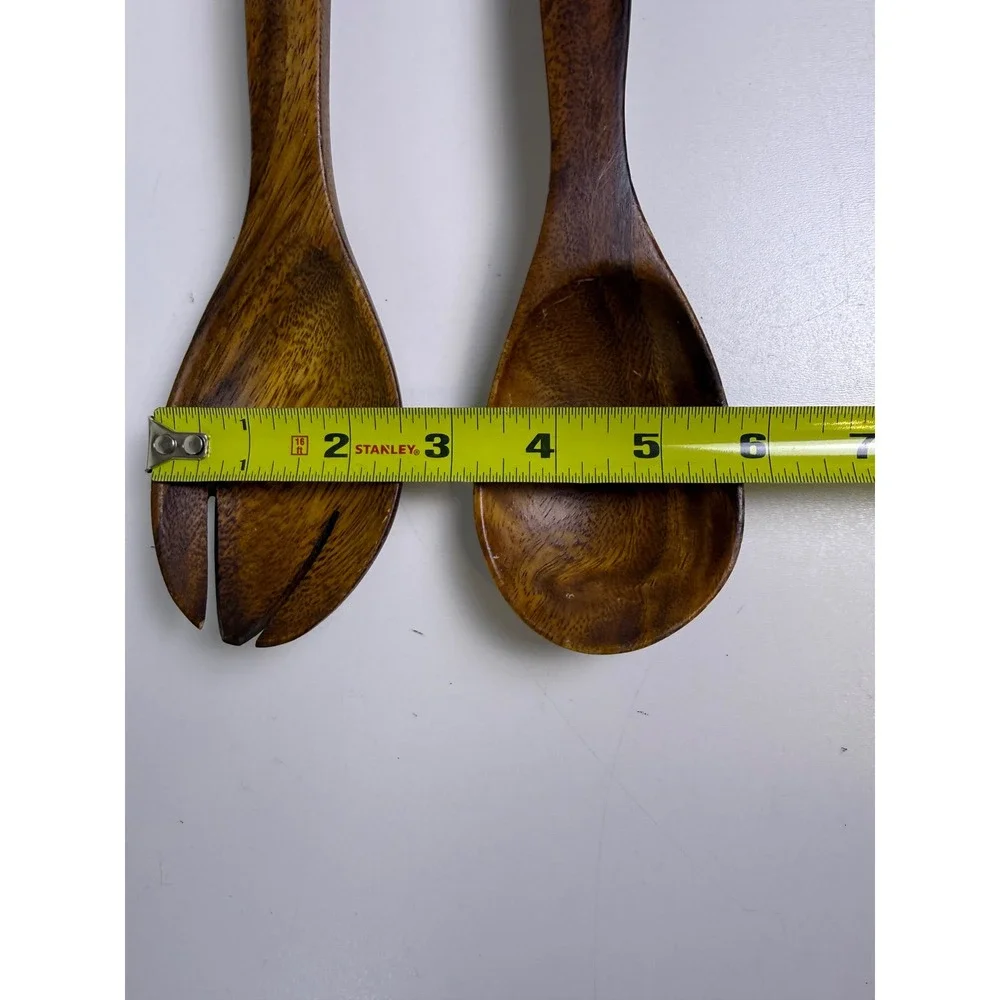 Vintage‎ Hand Carved Dark Wood Salad Servers Set 12 Inch Tapered Handle 2 Piece